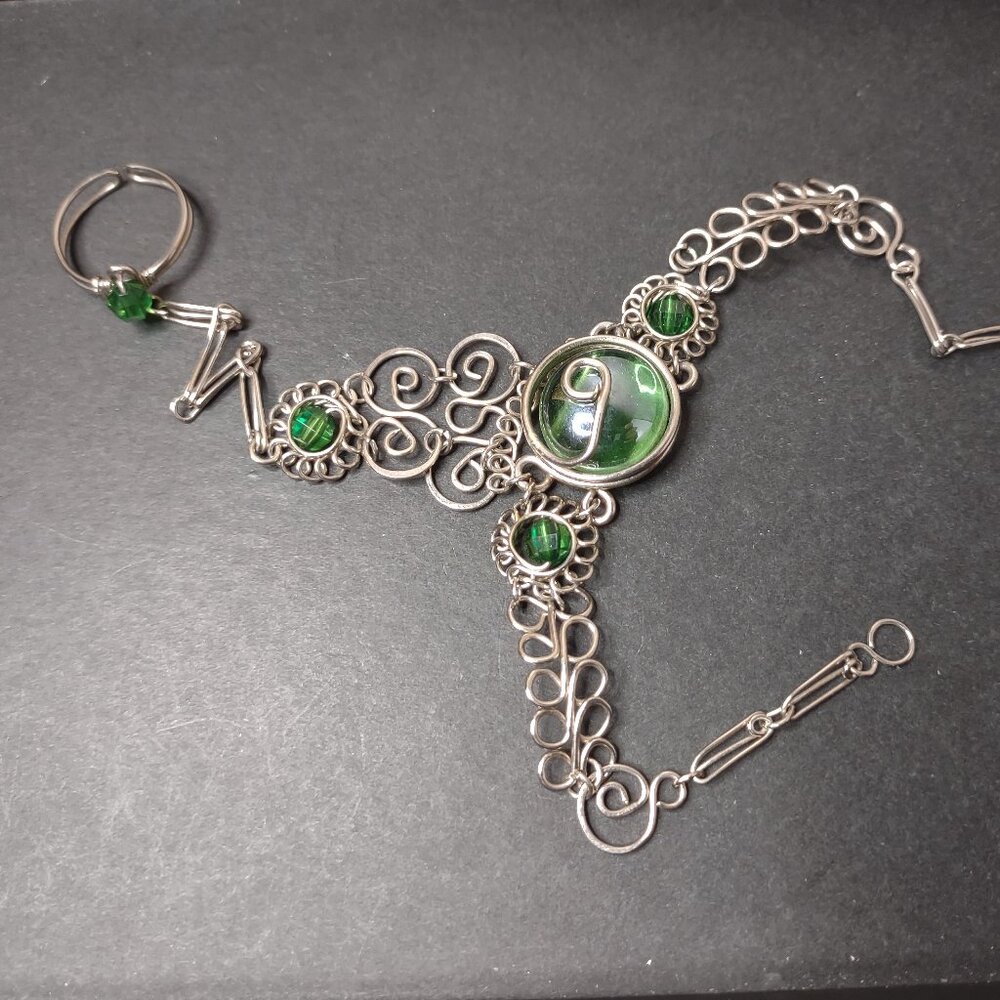 7.75 Inch Green And Silver Tone Slave Bracelet